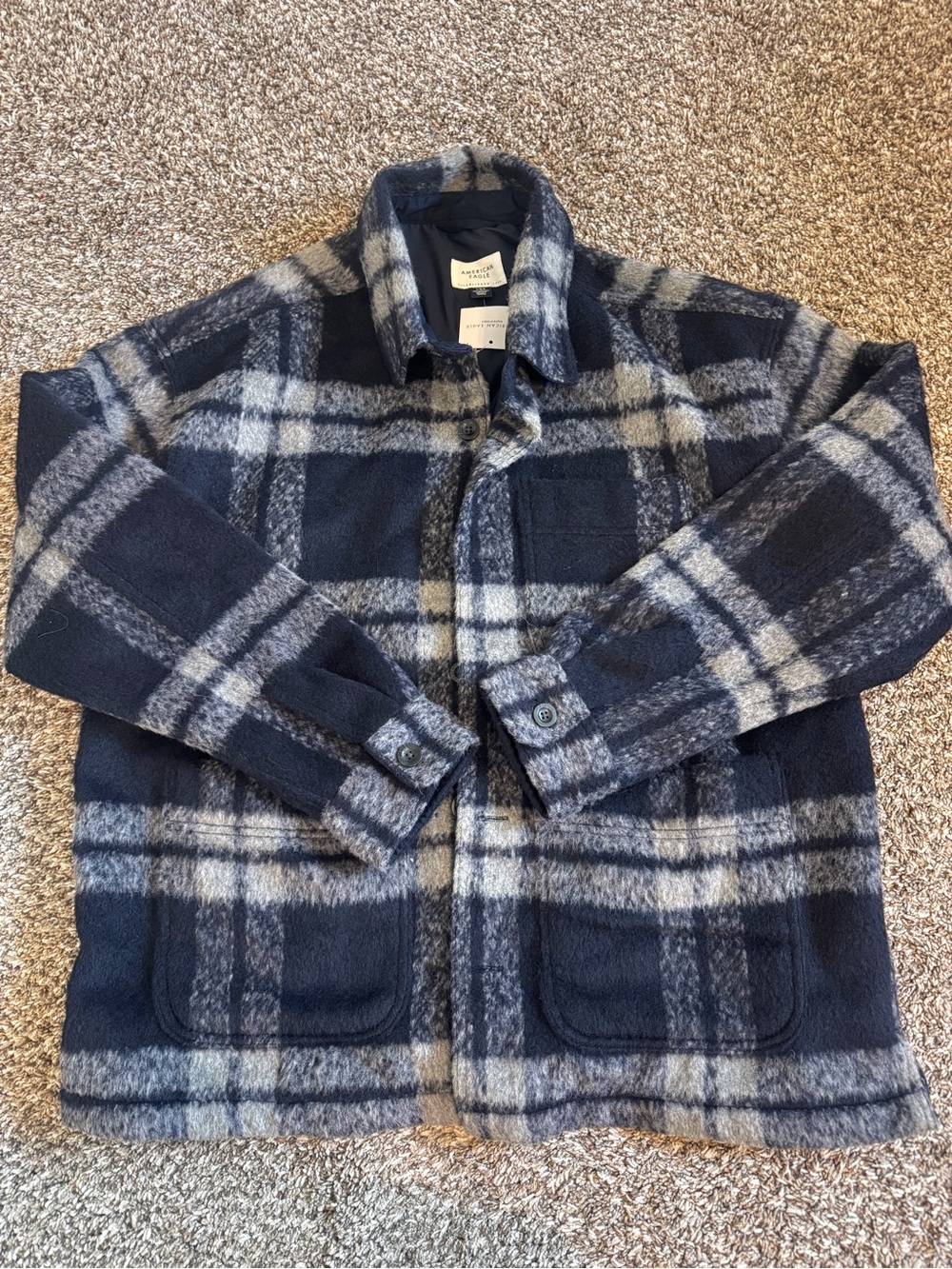 American Eagle Men’s Large Plaid Shirt Jacket Navy Gray Shacket Coat, new